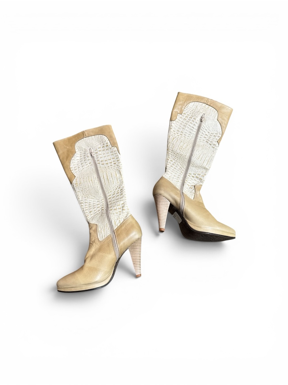 Vintage Y2K NOS Beige Van Greg Crocodile Embossed Leather Knee High Boots 7 7.5 - Picture 2 of 6